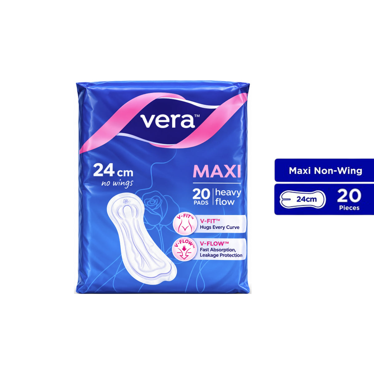 Vera Sanitary Pads - Maxi, 24cm No Wings, For Heavy Flow (20's)