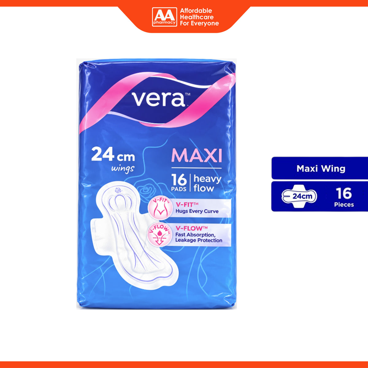Vera Sanitary Pads - Maxi, 24cm Wings, For Heavy Flow (16's)