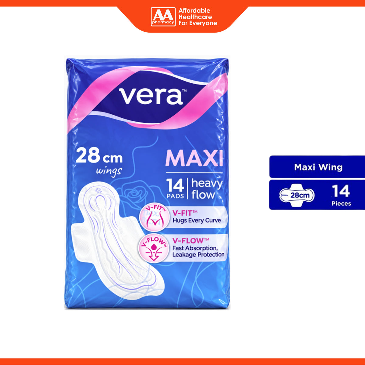 Vera Sanitary Pads - Maxi, 28cm Wings, For Heavy Flow (14's)