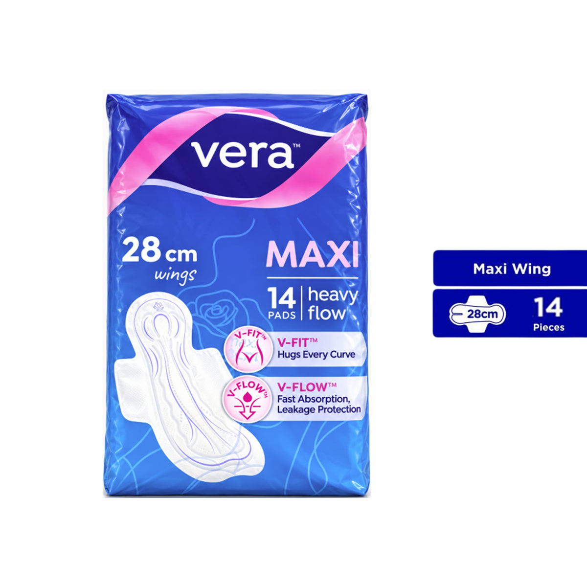 Vera Sanitary Pads - Maxi, 28cm Wings, For Heavy Flow (14's)