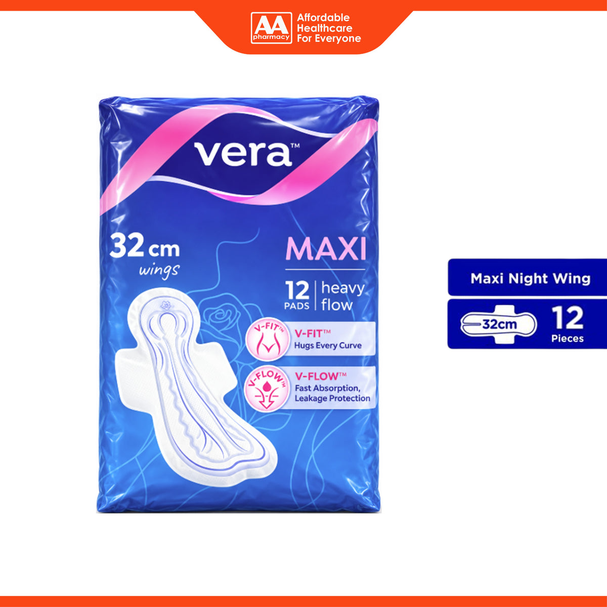 Vera Sanitary Pads - Maxi, 32cm Wings, For Heavy Flow (12's)