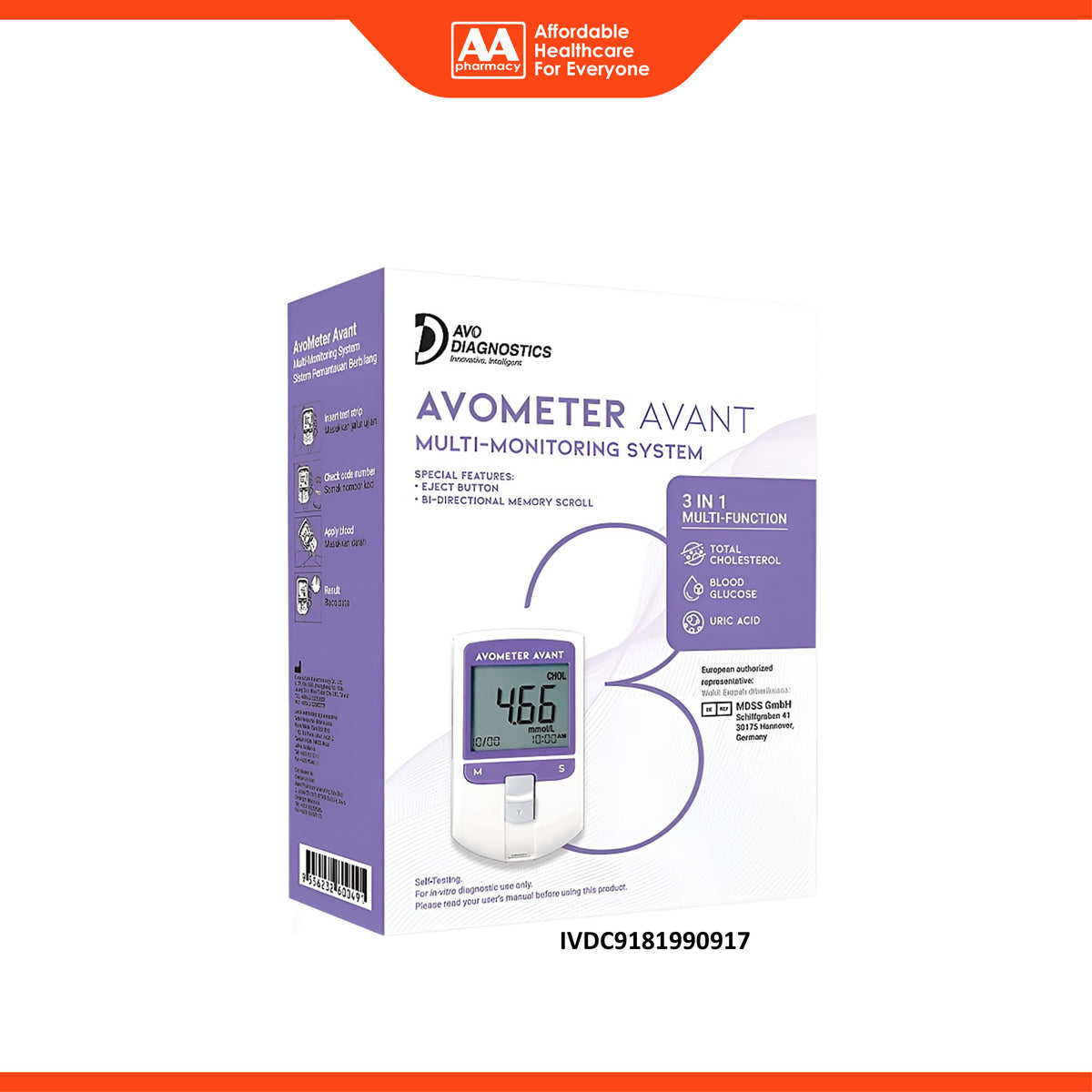 Avo Diagnostics Avometer Avant Multi-Monitoring System (1's) - For Total Cholesterol, Blood Glucose, Uric Acid Testing, 3 Years Warranty