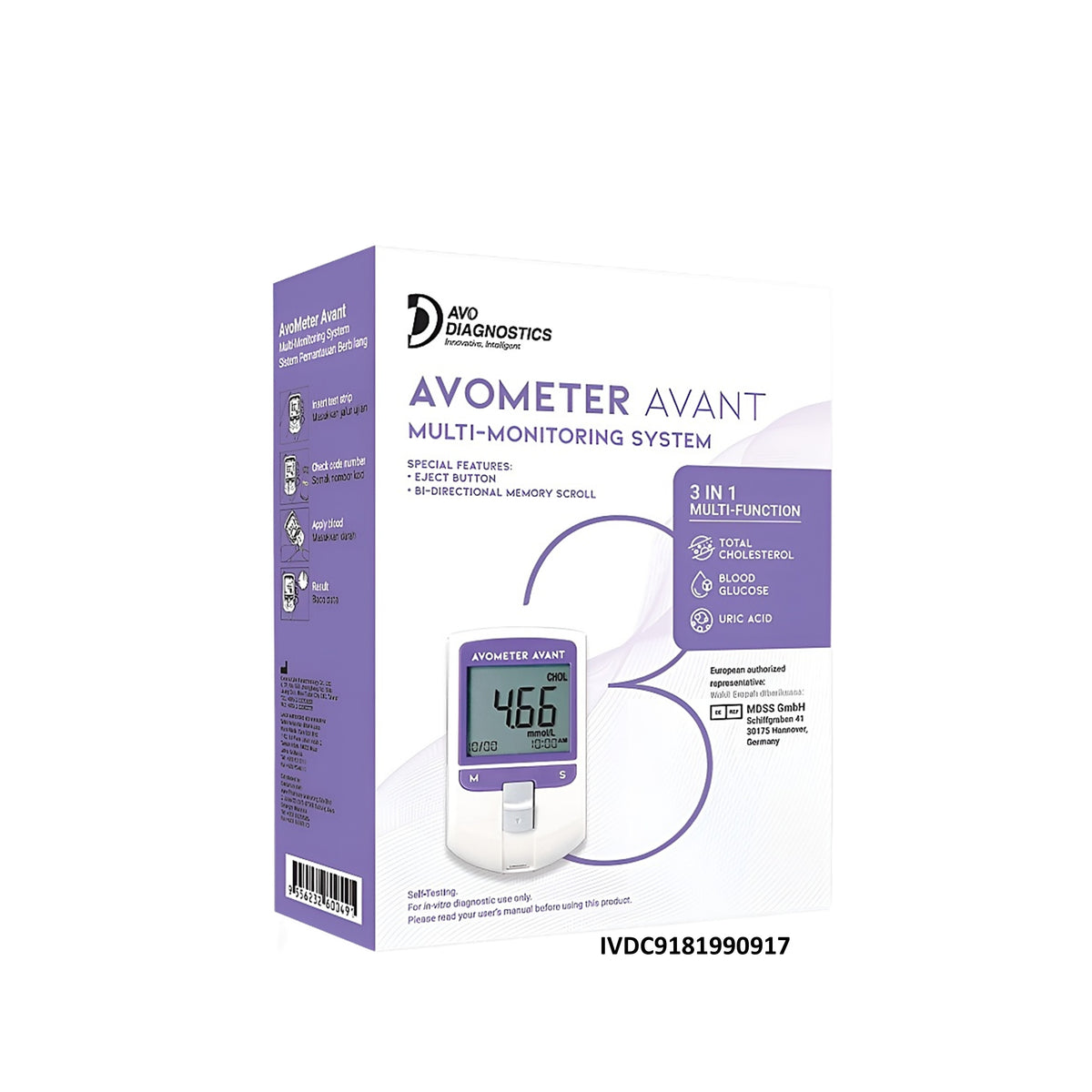 Avo Diagnostics Avometer Avant Multi-Monitoring System (1's) - For Total Cholesterol, Blood Glucose, Uric Acid Testing, 3 Years Warranty