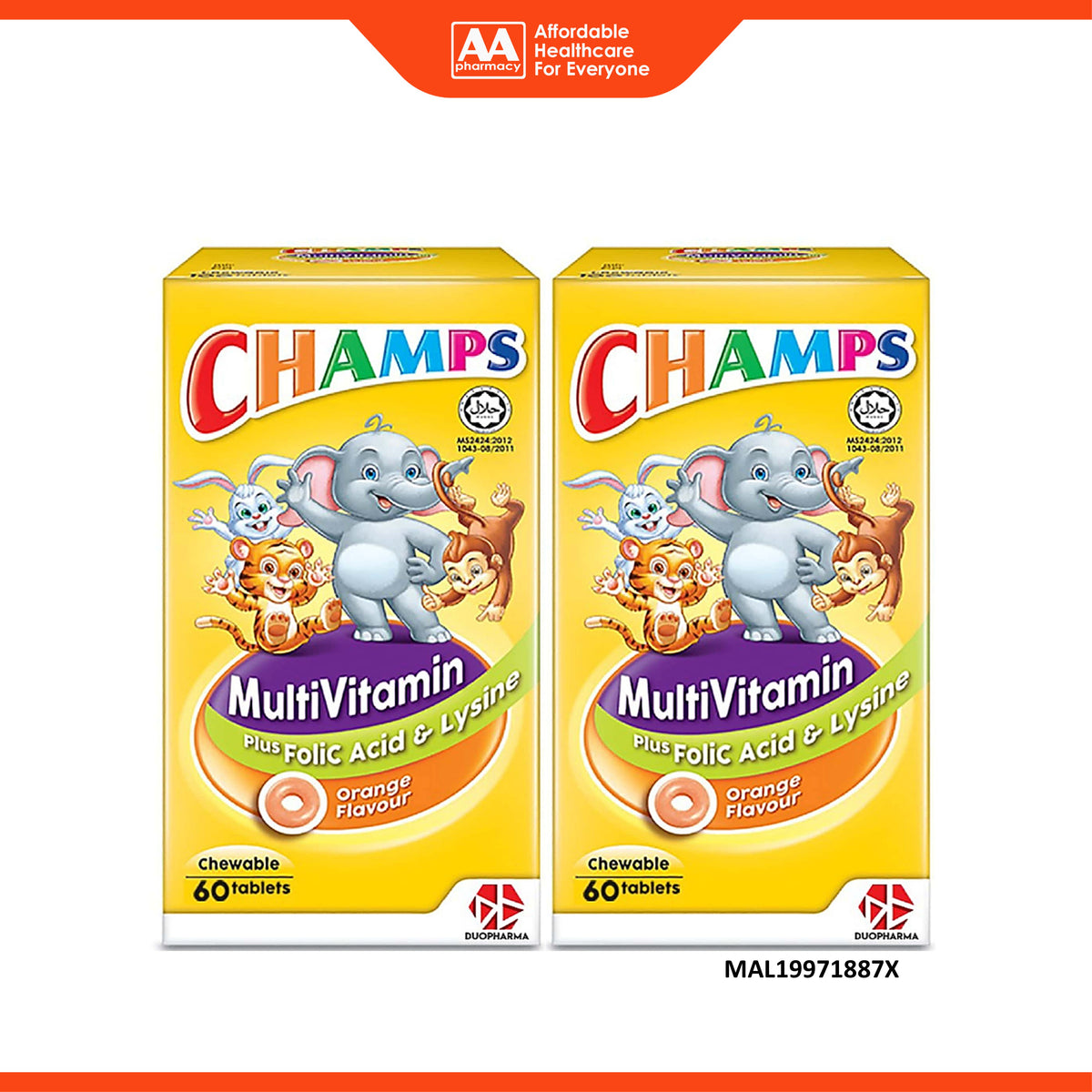 Champs Multivitamin + Folic Acid and Lysine Chewable Tablet (2 x 60's) - Orange Flavour