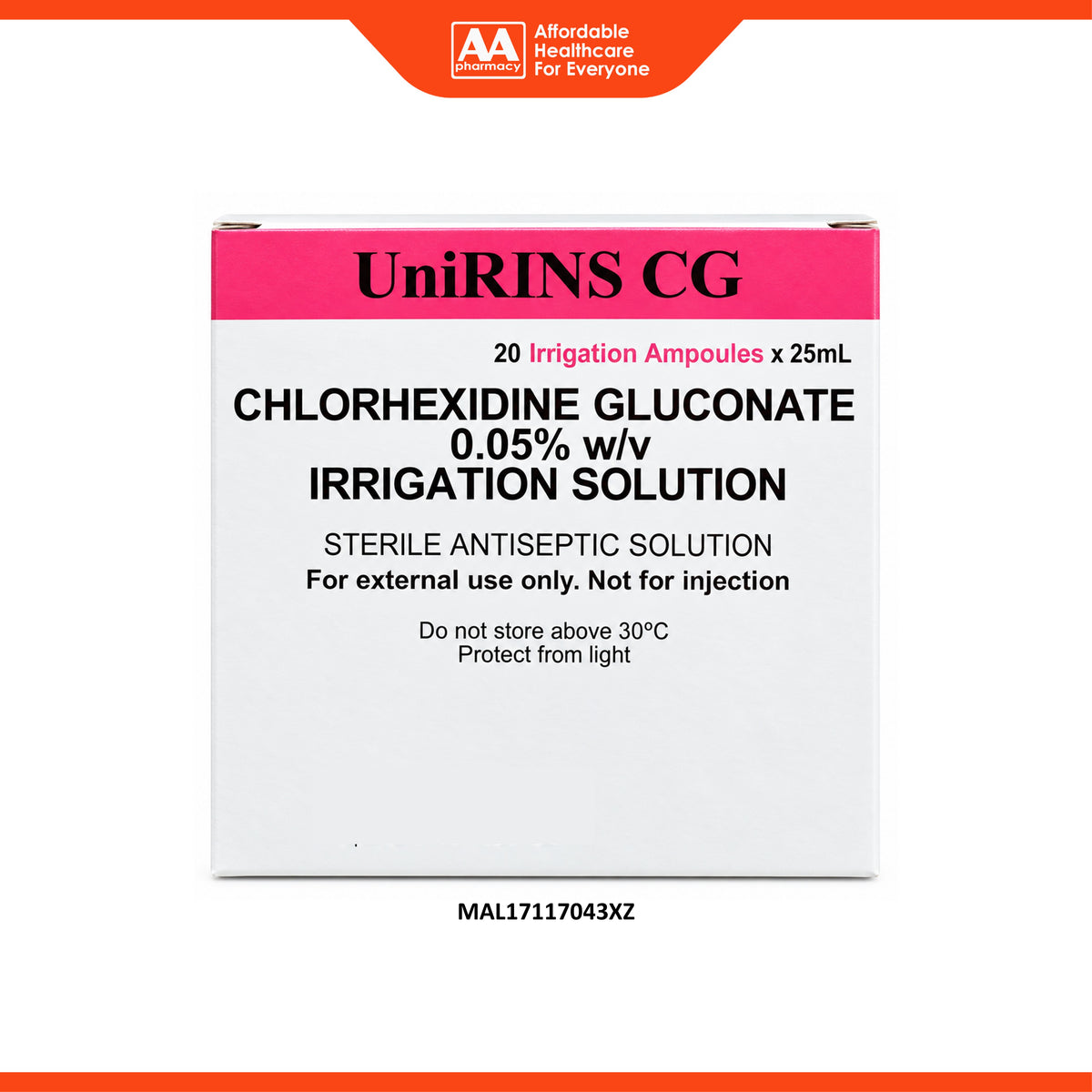 UniRINS CG Chlorhexidine Gluconate 0.05% w/v Irrigation Solution Ampoule (25ml x 20's)