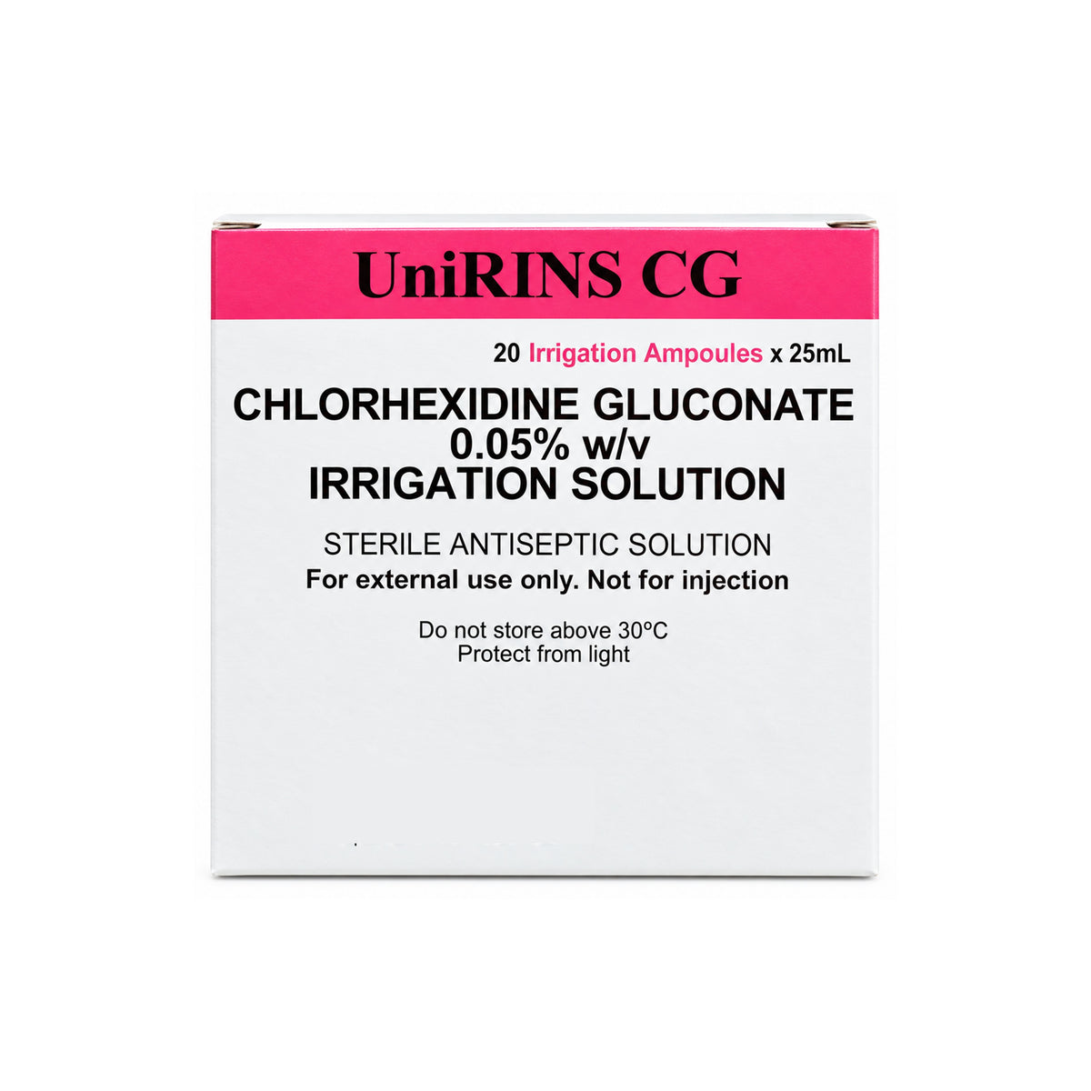 UniRINS CG Chlorhexidine Gluconate 0.05% w/v Irrigation Solution Ampoule (25ml x 20's)