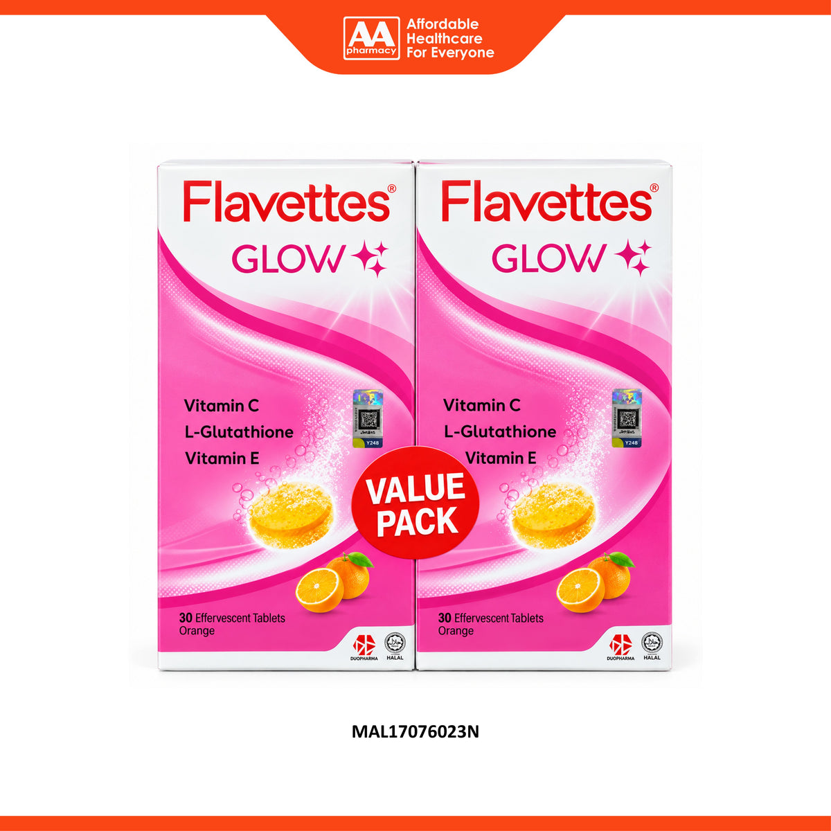 Flavettes Glow (Vitamin C 1000mg + L-Glutathione 50mg + Vitamin E 15IU) Effervescent Tablet (2 x 2 x 15's) - Orange Flavour