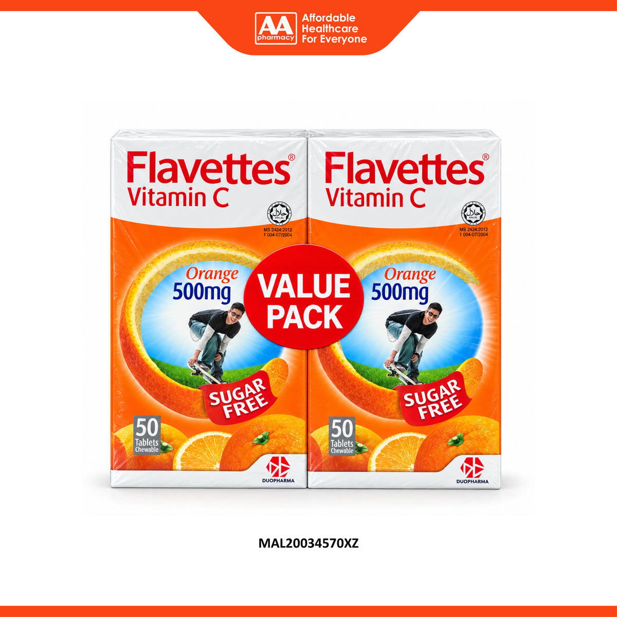 Flavettes Vitamin C 500mg Chewable Tablet - Sugar Free (2 x 50's) - Orange Flavour
