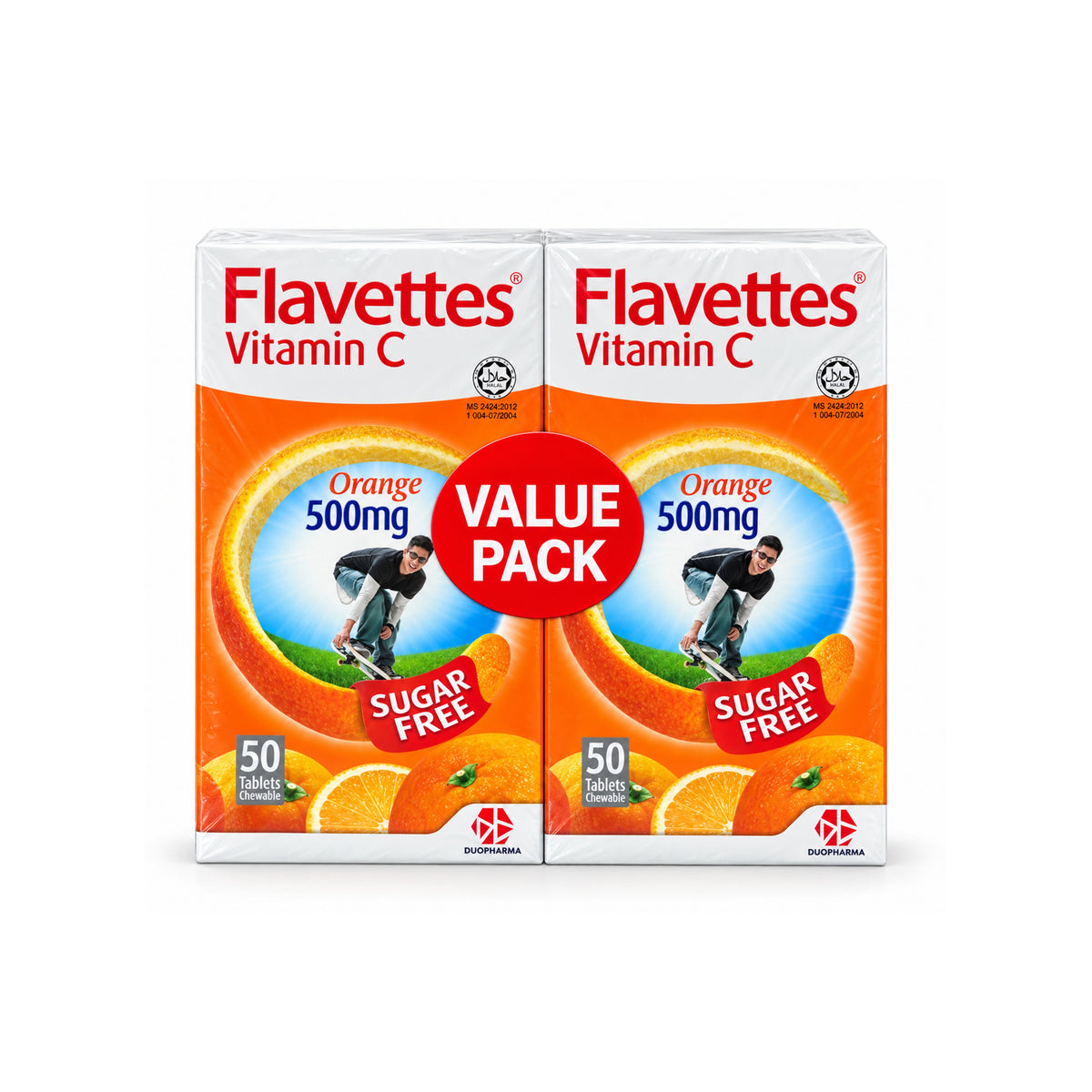 Flavettes Vitamin C 500mg Chewable Tablet - Sugar Free (2 x 50's) - Orange Flavour