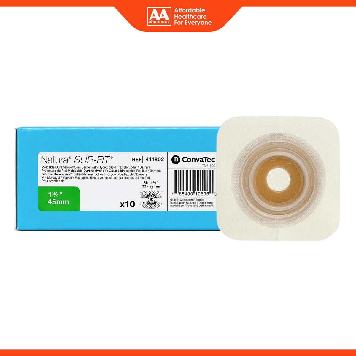 ConvaTec Natura SUR-FIT Moldable Durahesive Skin Barrier with Hydrocolloid Flexible Collar - 45mm, Medium, REF 411802 (10's)
