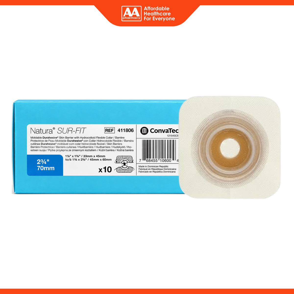ConvaTec Natura SUR-FIT Moldable Durahesive Skin Barrier with Hydrocolloid Flexible Collar - 70mm, Extra Large, REF 411806 (10's)