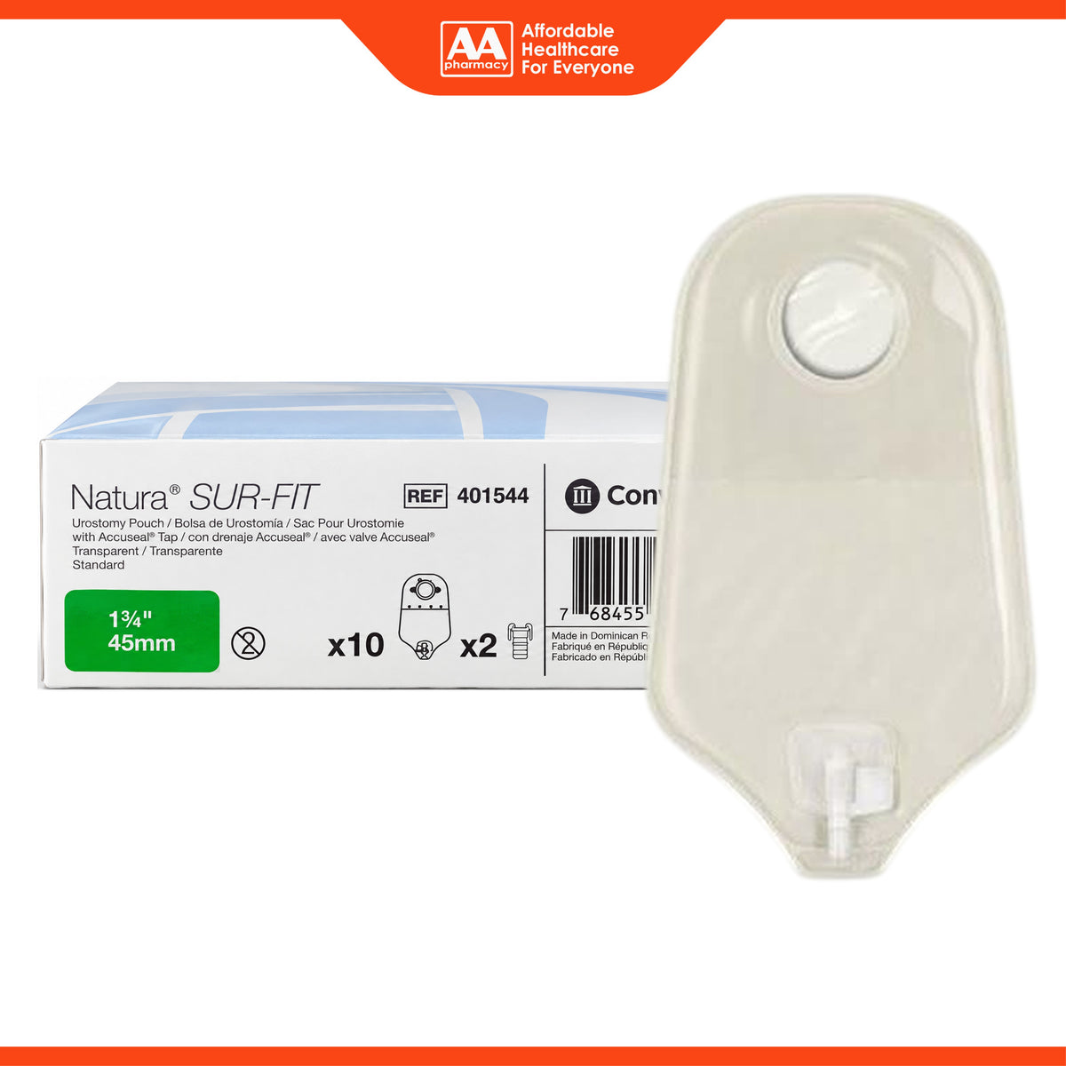 ConvaTec Natura SUR-FIT Urostomy Transparent Pouch with Accuseal Tap - 45mm, REF 401544 (10's)
