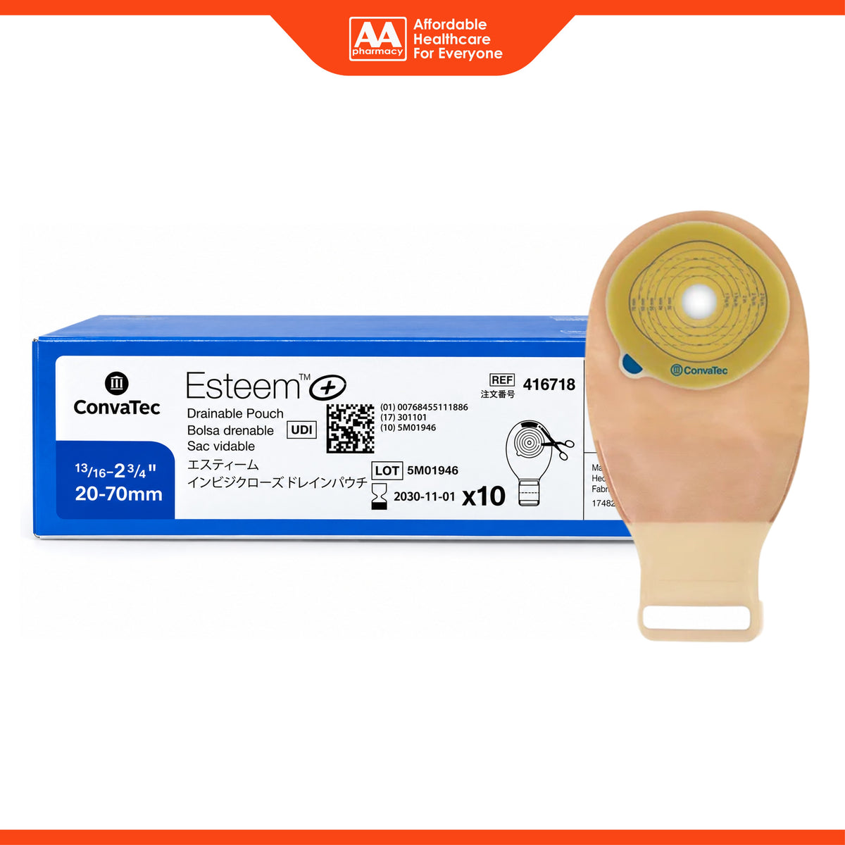 ConvaTec  Esteem+ Drainable Transparent Pouch with InvisiClose - 70mm, REF 416718 (10's)