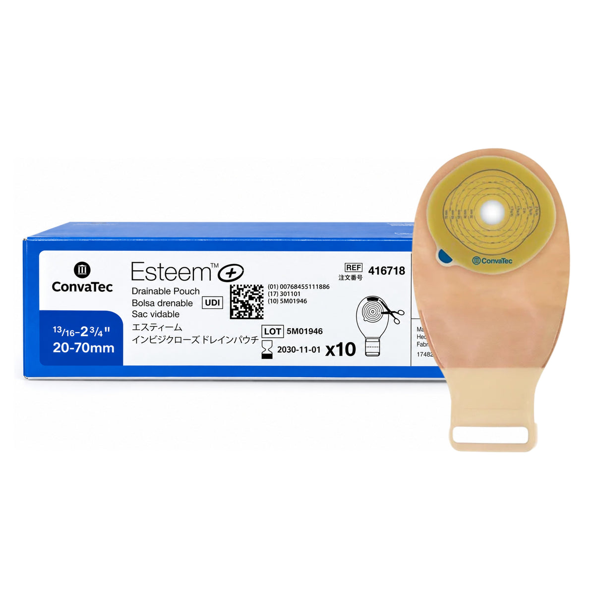 ConvaTec  Esteem+ Drainable Transparent Pouch with InvisiClose - 70mm, REF 416718 (10's)