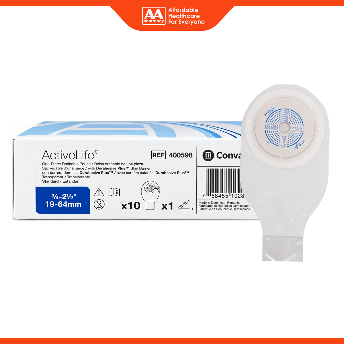 ConvaTec ActiveLife One-Piece Drainable Transparent Pouch with Durahesive Plus Skin Barrier - 19-64mm, REF 400598 (10's)