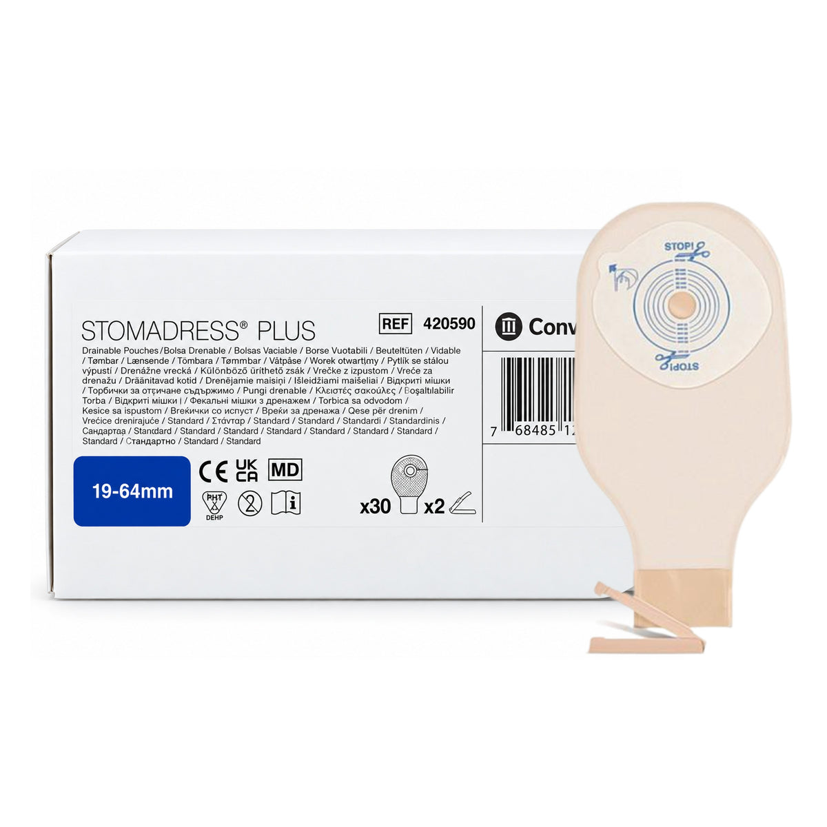 ConvaTec Stomadress Plus Drainable Opaque Pouch - 19-64mm, REF 420590 (30's)