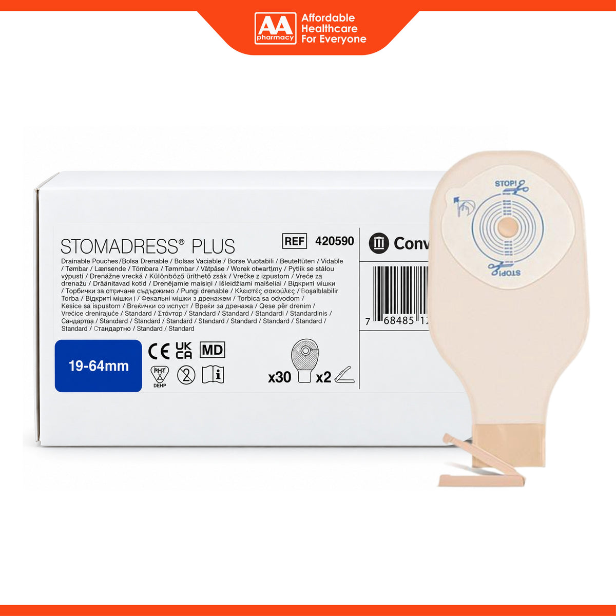 ConvaTec Stomadress Plus Drainable Opaque Pouch - 19-64mm, REF 420590 (30's)