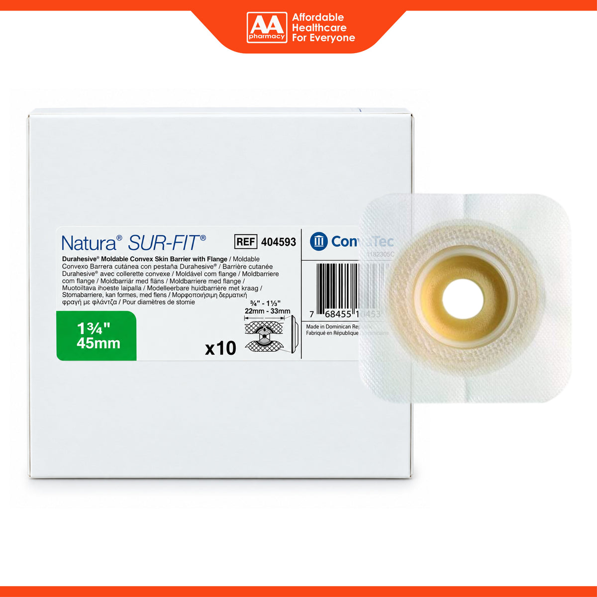 ConvaTec Natura SUR-FIT Durahesive Moldable Convex Skin Barrier with Flange - 45mm, REF 404593 (10's)