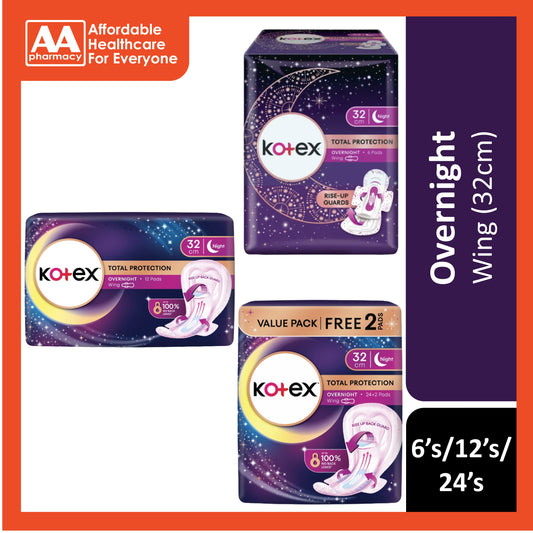 Kotex Total Protection Overnight Wing Pro Guard 32cm (6's/12's/24's)