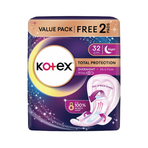 Kotex Total Protection Overnight Wing Pro Guard 32cm (6's/12's/24's)