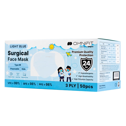 Omnifit Kids 3 ply Light Blue Surgical Face Mask 50'S