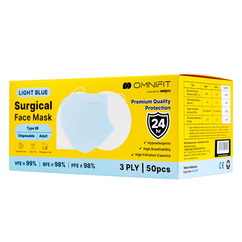 Omnifit 3 ply Light Blue Surgical Face Mask 50's