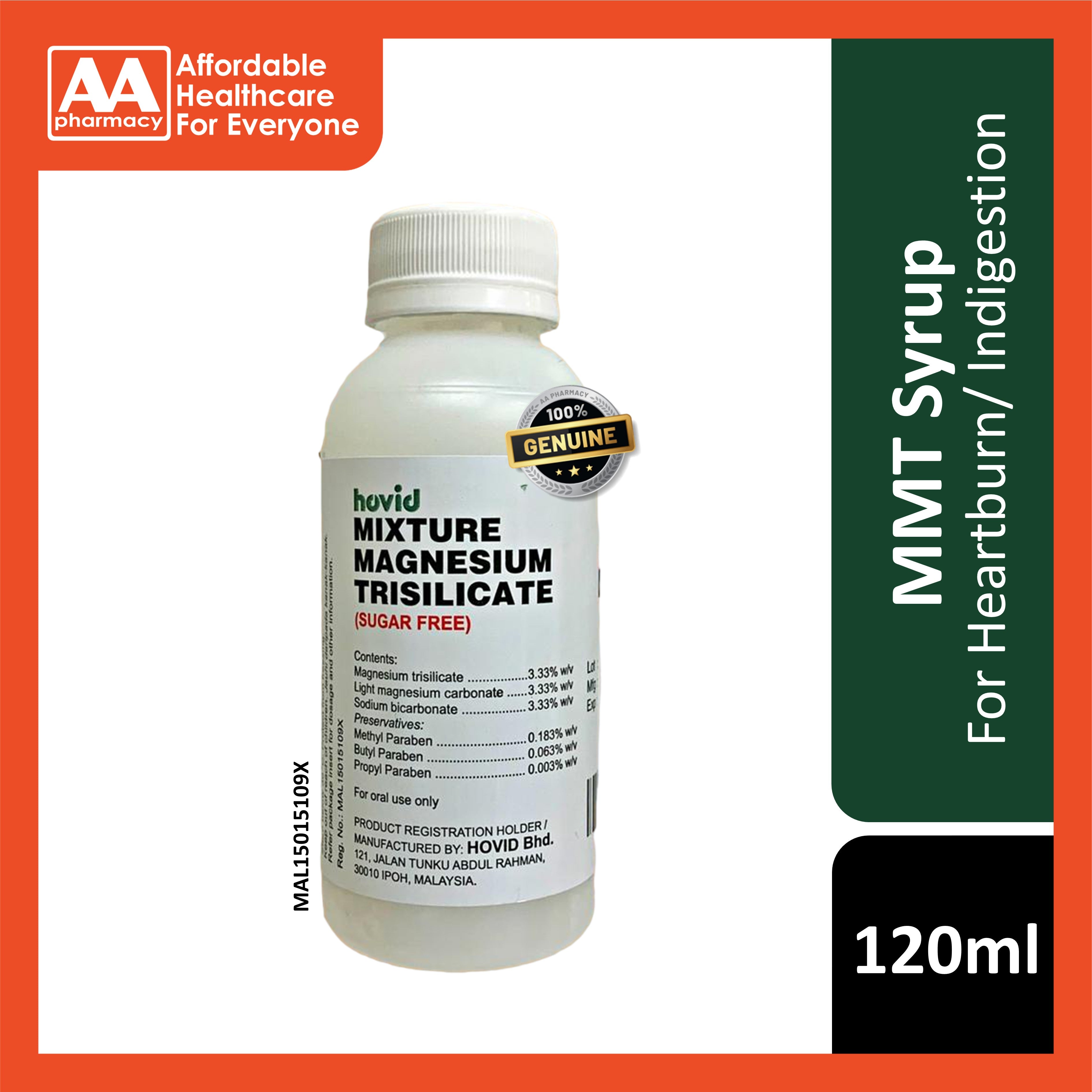 Hovid Mixture Magnesium Trisilicate (MMT Syrup) 120mL - For Indigestio ...