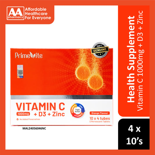 PrimeVite Vitamin C 1000mg + Vitamin D3 + Zinc Effervescent Tablet 4 x 10's