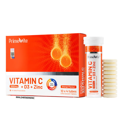 PrimeVite Vitamin C 1000mg + Vitamin D3 + Zinc Effervescent Tablet 4 x 10's