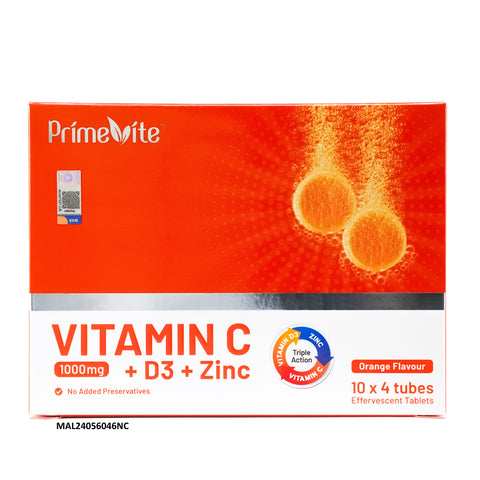 PrimeVite Vitamin C 1000mg + Vitamin D3 + Zinc Effervescent Tablet 4 x 10's