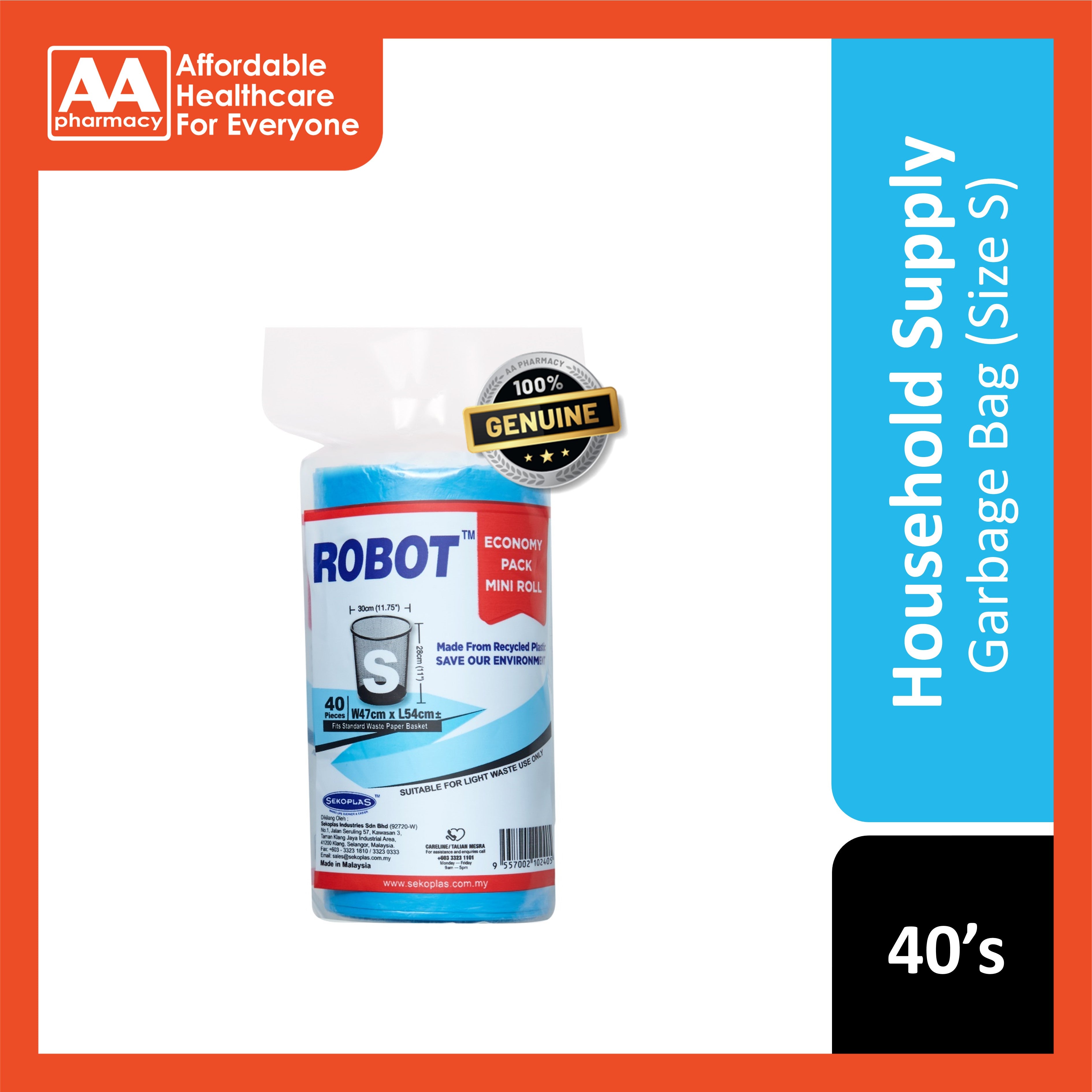 Robot Garbage Bag Economy Pack Size S (47cm x 54cm) 40's (Mini Roll)