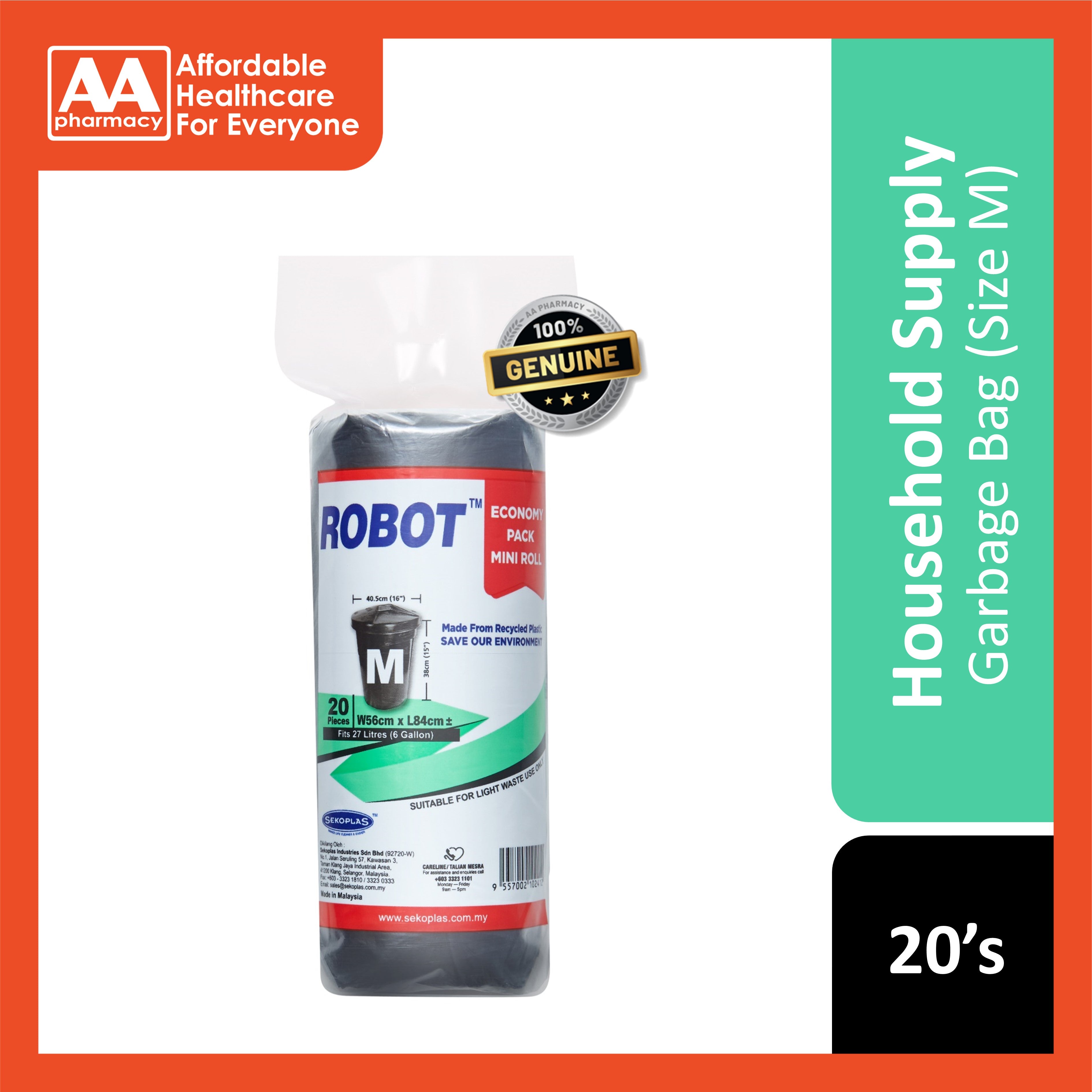 Robot Garbage Bag Economy Pack Size M (56cm x 84cm) 20's (Mini Roll)