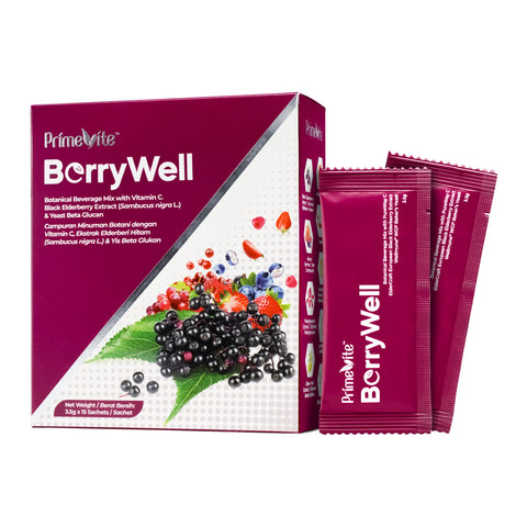 PrimeVite BerryWell (Vitamin C, Black Elderberry Extract, Yeast Beta Glucan) Botanical Beverage Mix Powder 3.5gx15's