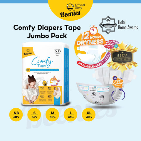 Beenies Baby Comfy Tape Diapers Size NB 60's (Up To 5kg) [Jumbo Pack]