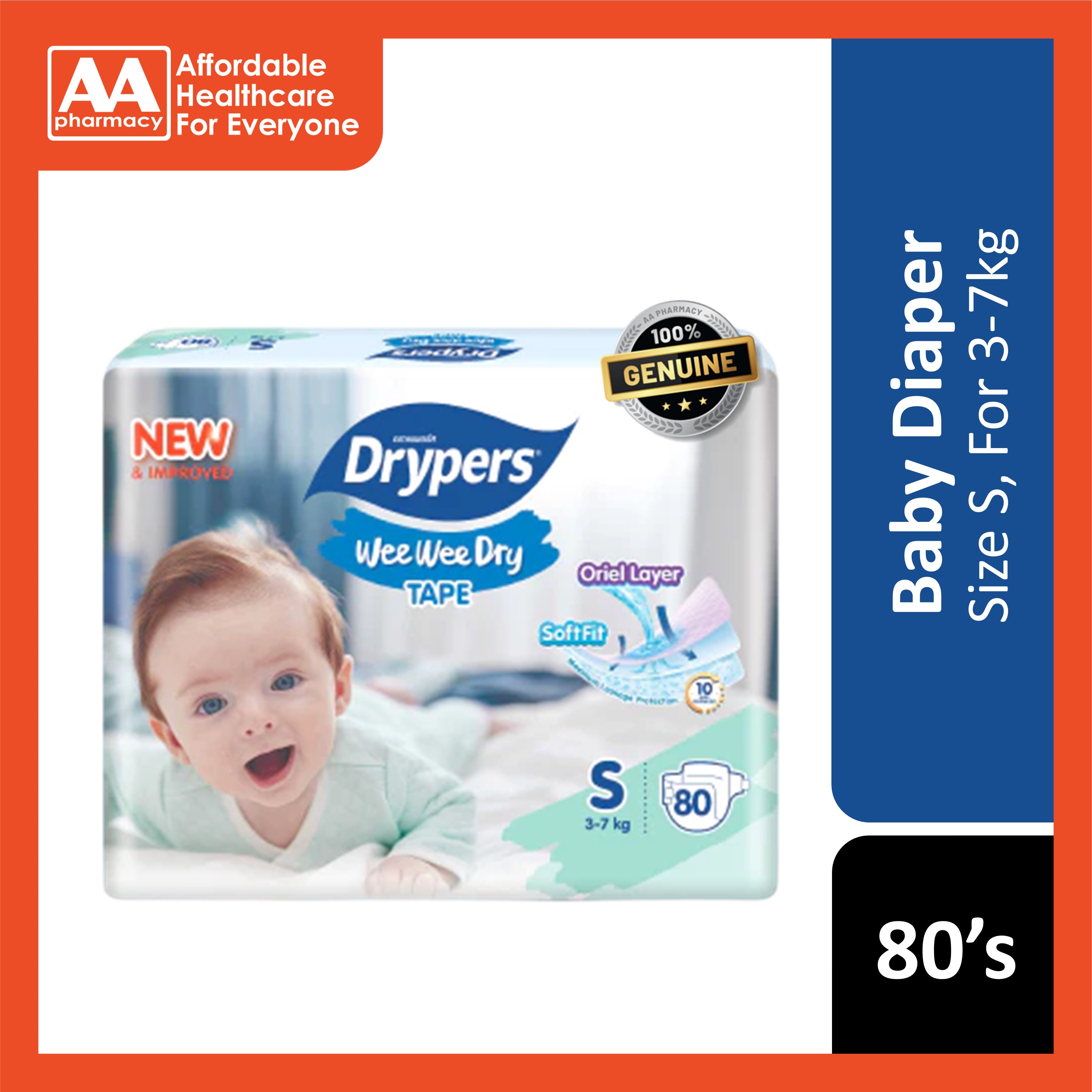 Drypers Wee Wee Dry Baby Tape Diapers Size S 80's (3-7kg)