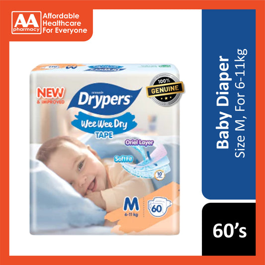 Drypers Wee Wee Dry Baby Tape Diapers Size M 60's (6-11kg)