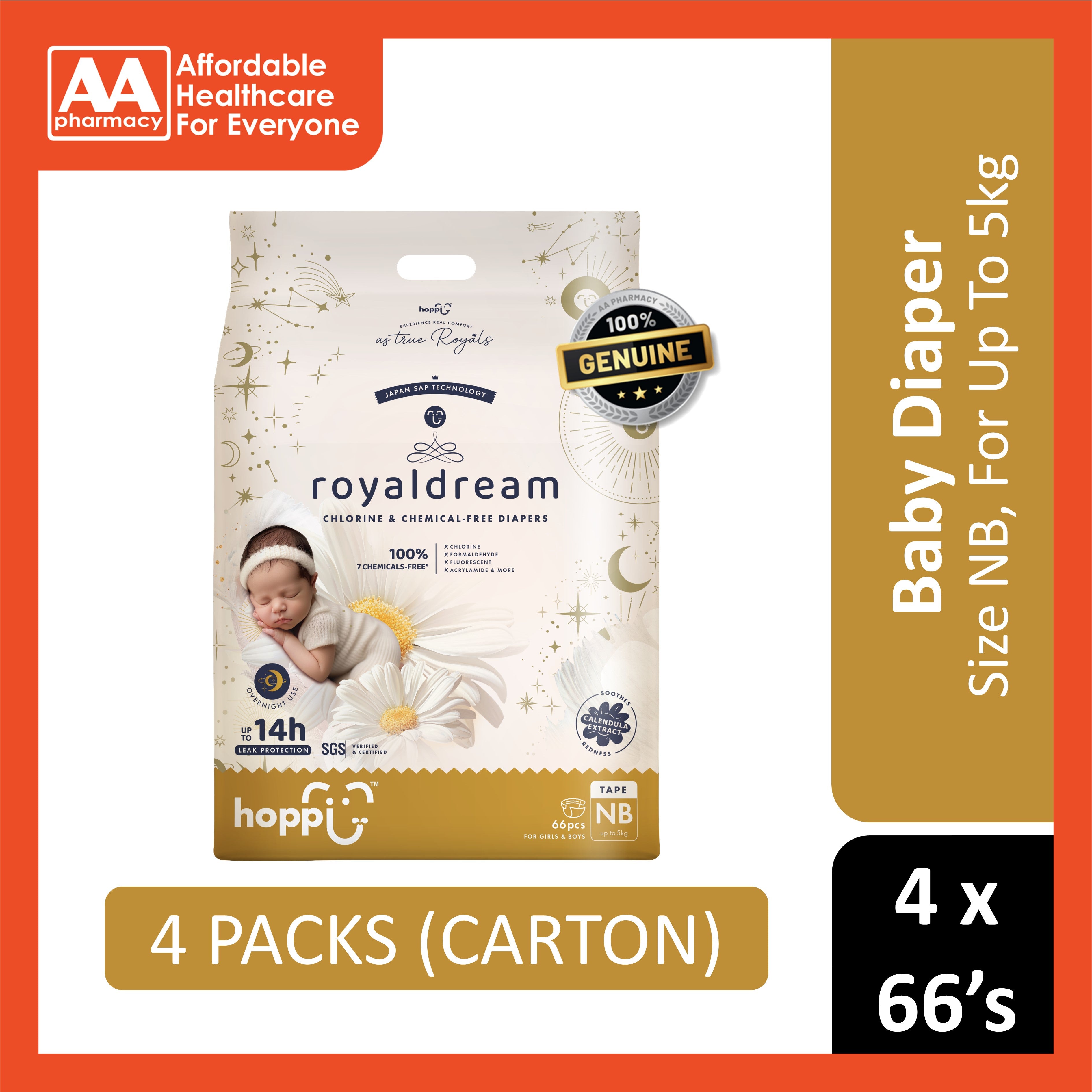 Hoppi RoyalDream Baby Tape Diapers Size NB 66's (For Up To 5kg) [4 Packs/Carton]