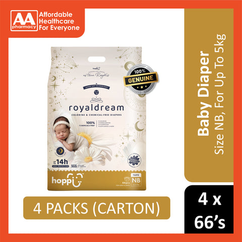 Hoppi RoyalDream Baby Tape Diapers Size NB 66's (For Up To 5kg) [4 Packs/Carton]