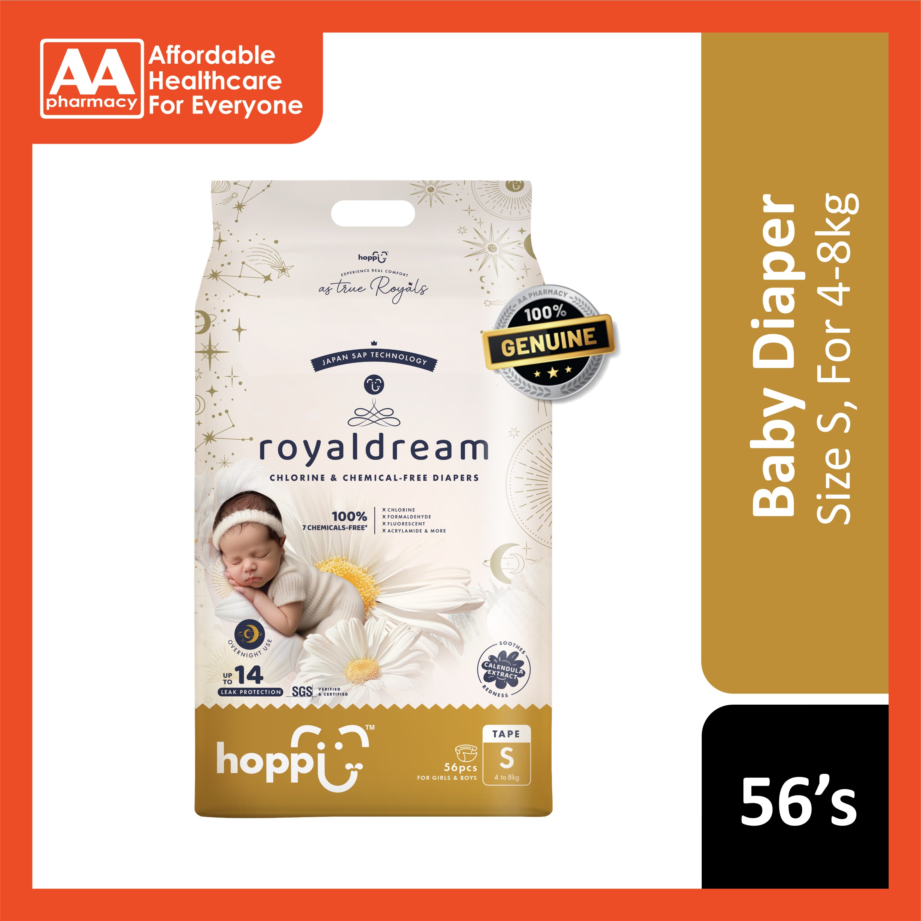 Hoppi RoyalDream Baby Tape Diapers Size S 56's (For 4-8kg)