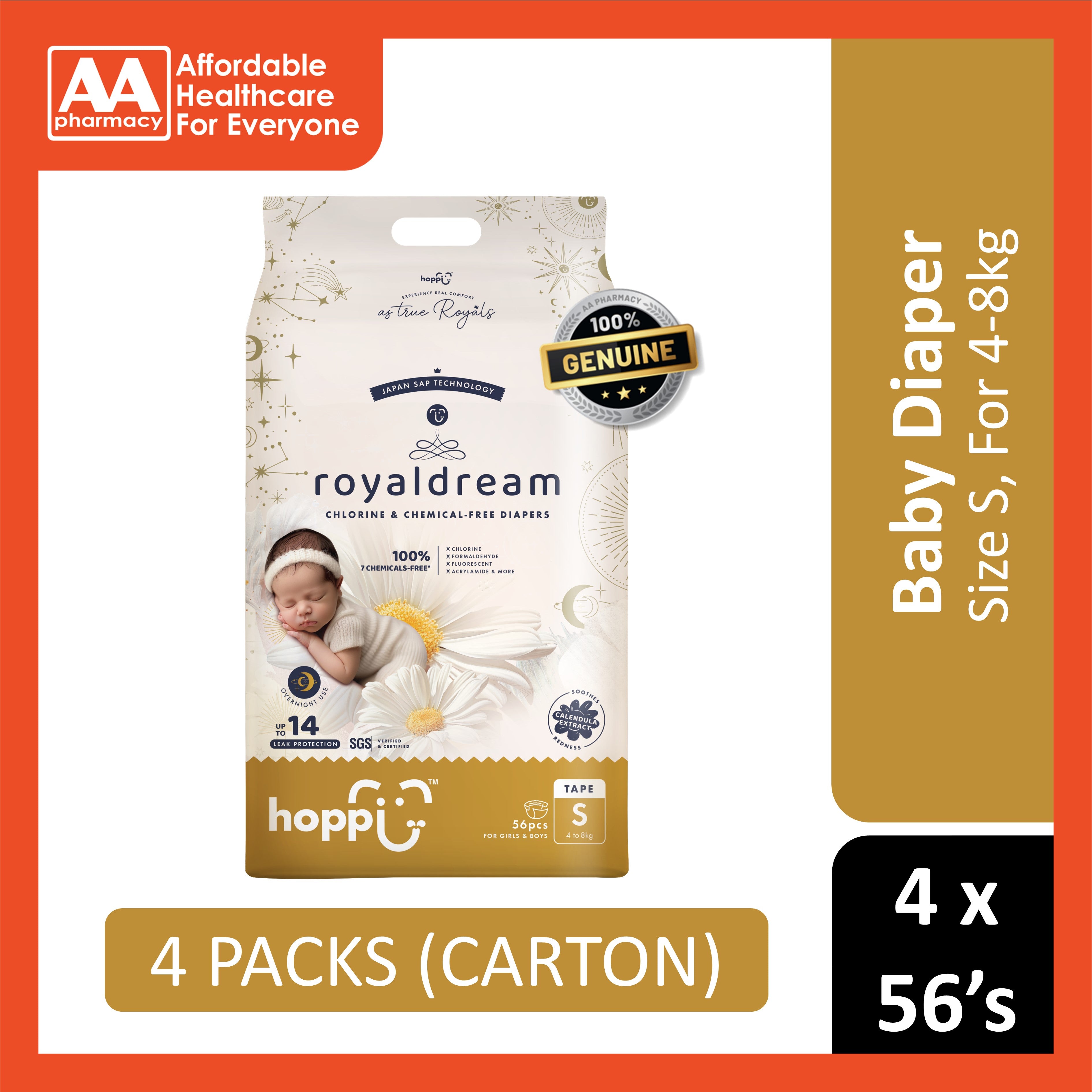 Hoppi RoyalDream Baby Tape Diapers Size S 56's (For 4-8kg) [4 Packs/Carton]