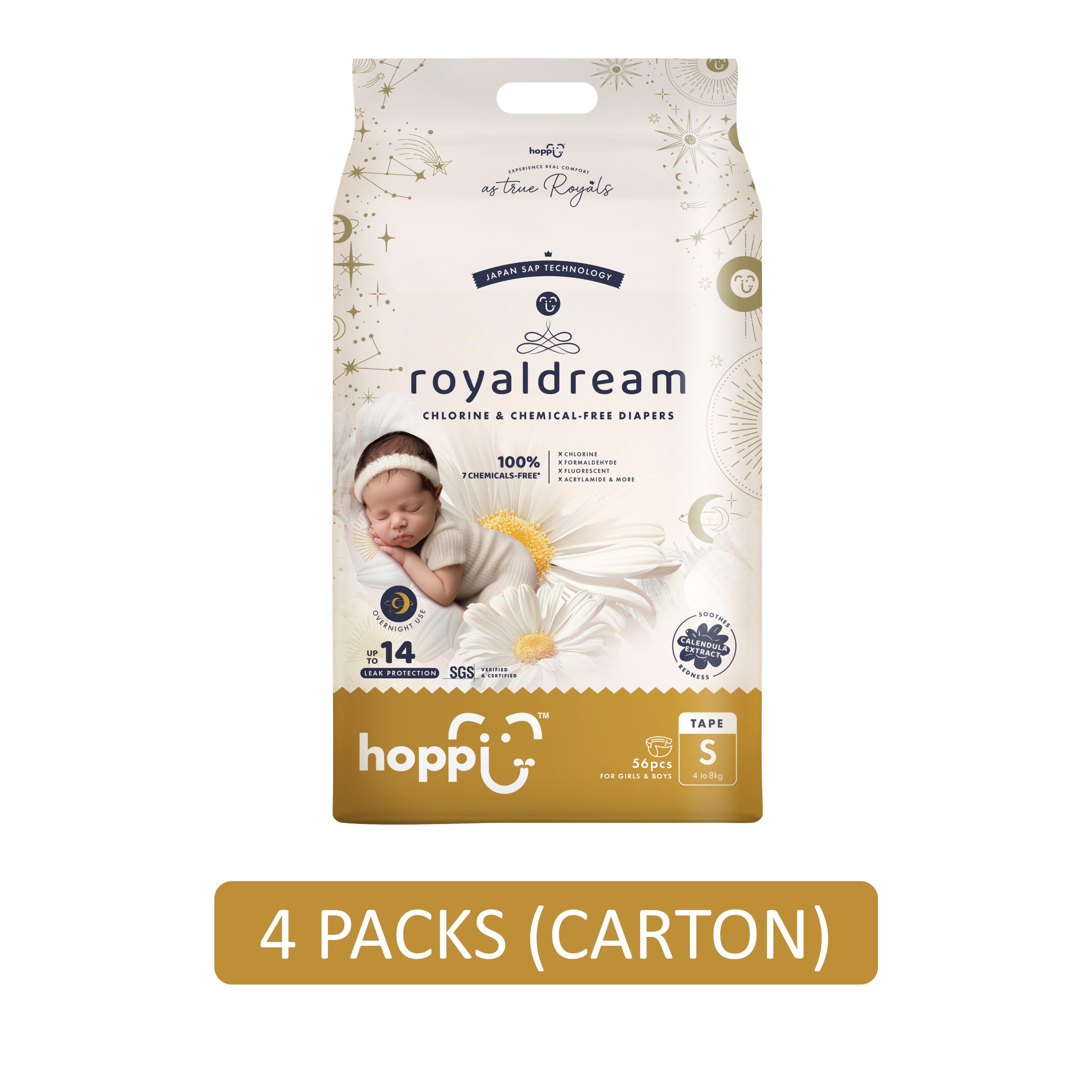 Hoppi RoyalDream Baby Tape Diapers Size S 56's (For 4-8kg) [4 Packs/Carton]