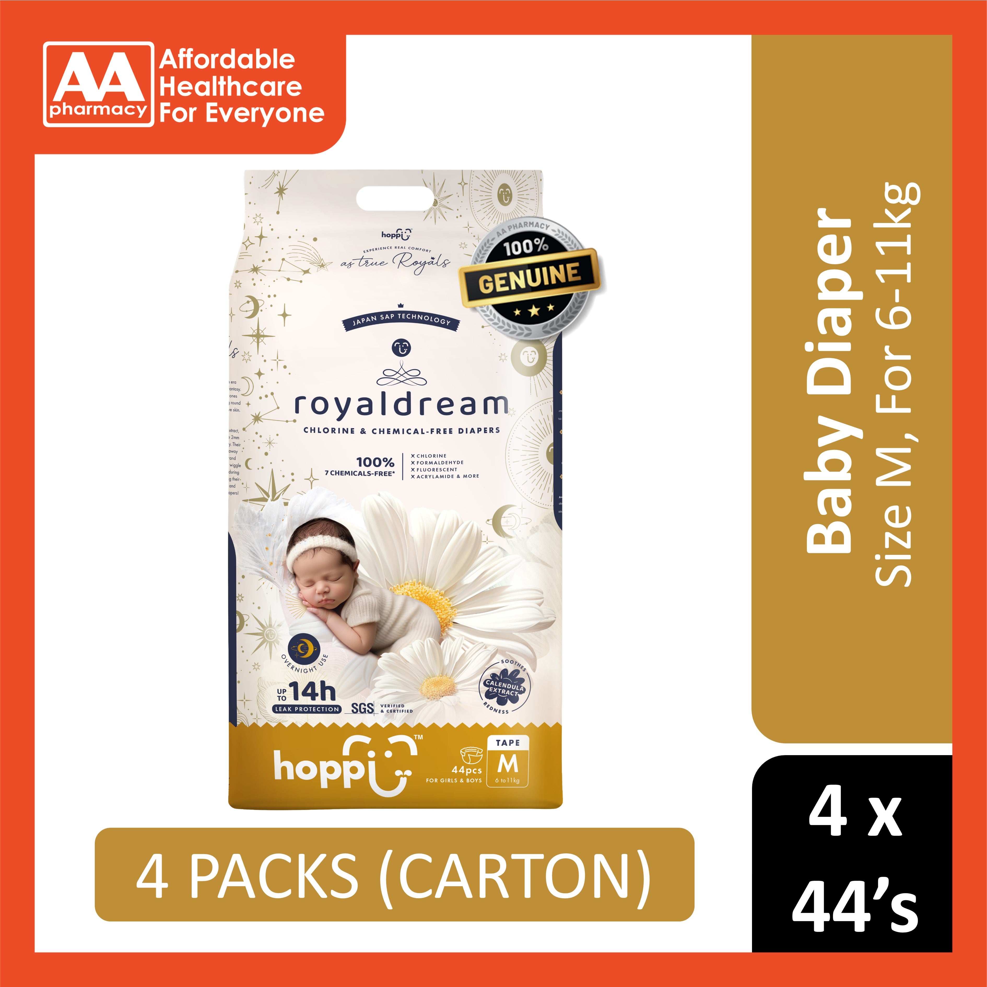 Hoppi RoyalDream Baby Tape Diapers Size M 44's (For 6-11kg) [4 Packs/Carton]