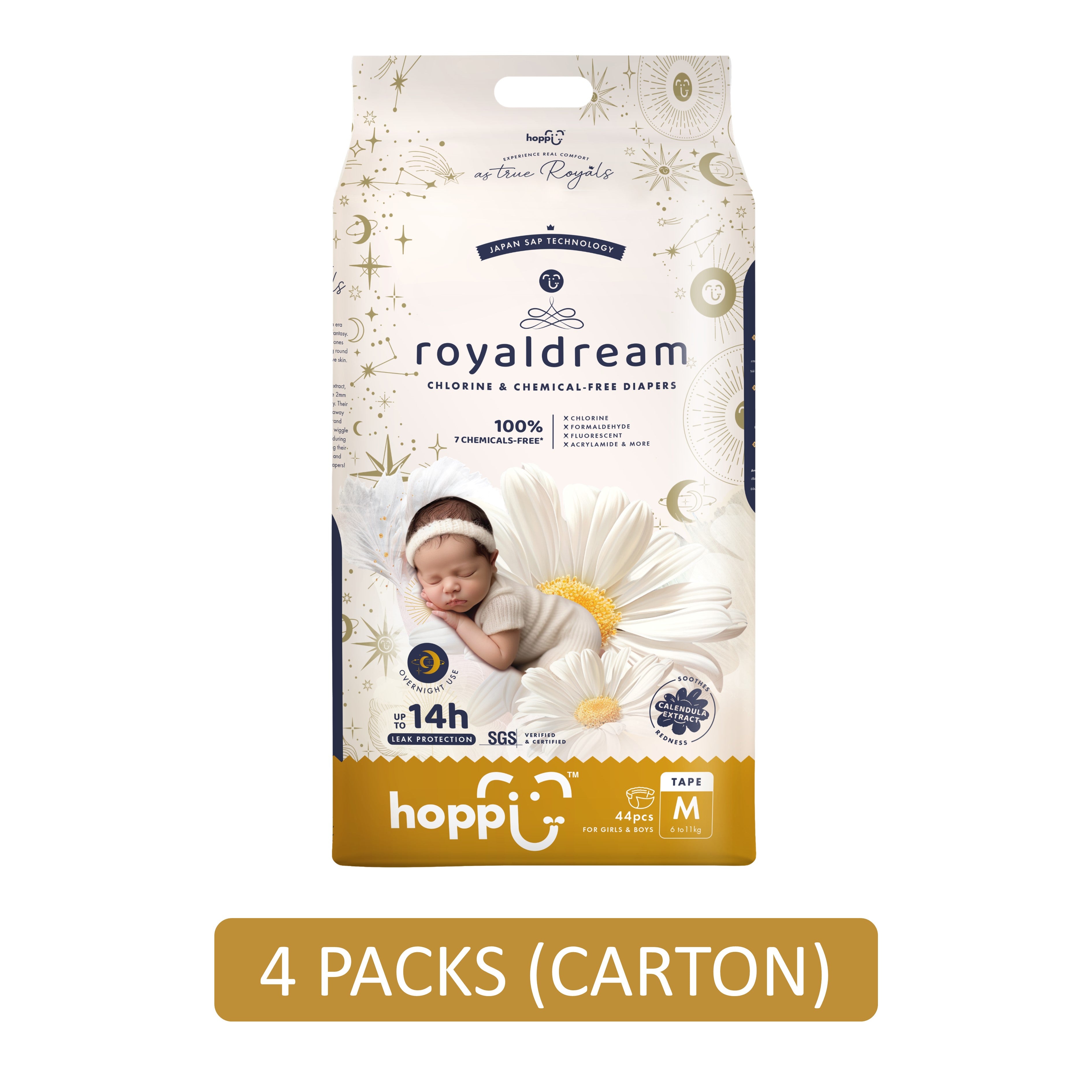 Hoppi RoyalDream Baby Tape Diapers Size M 44's (For 6-11kg) [4 Packs/Carton]