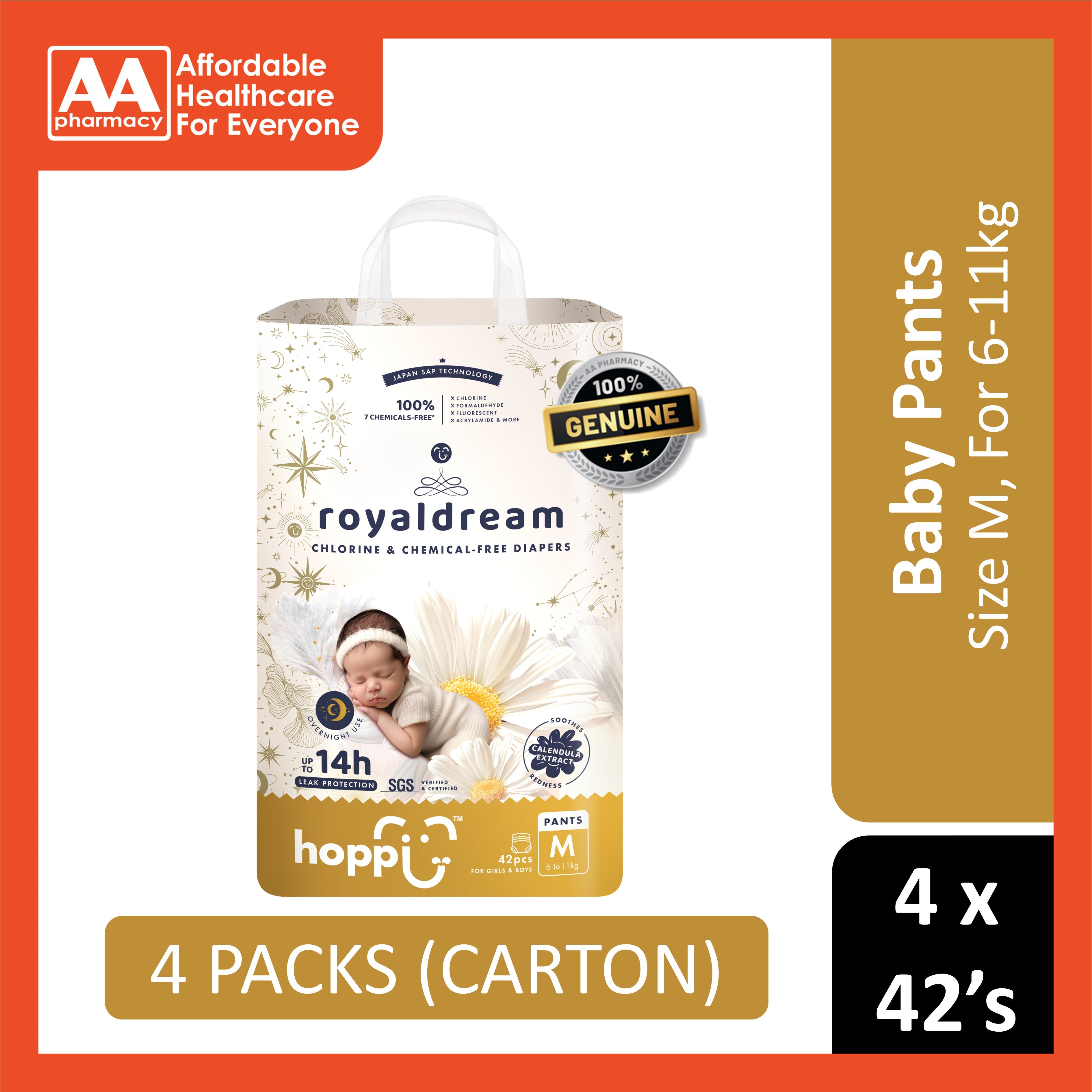 Hoppi RoyalDream Baby Pants Size M 42's (For 6-11kg) [4 Packs/Carton]