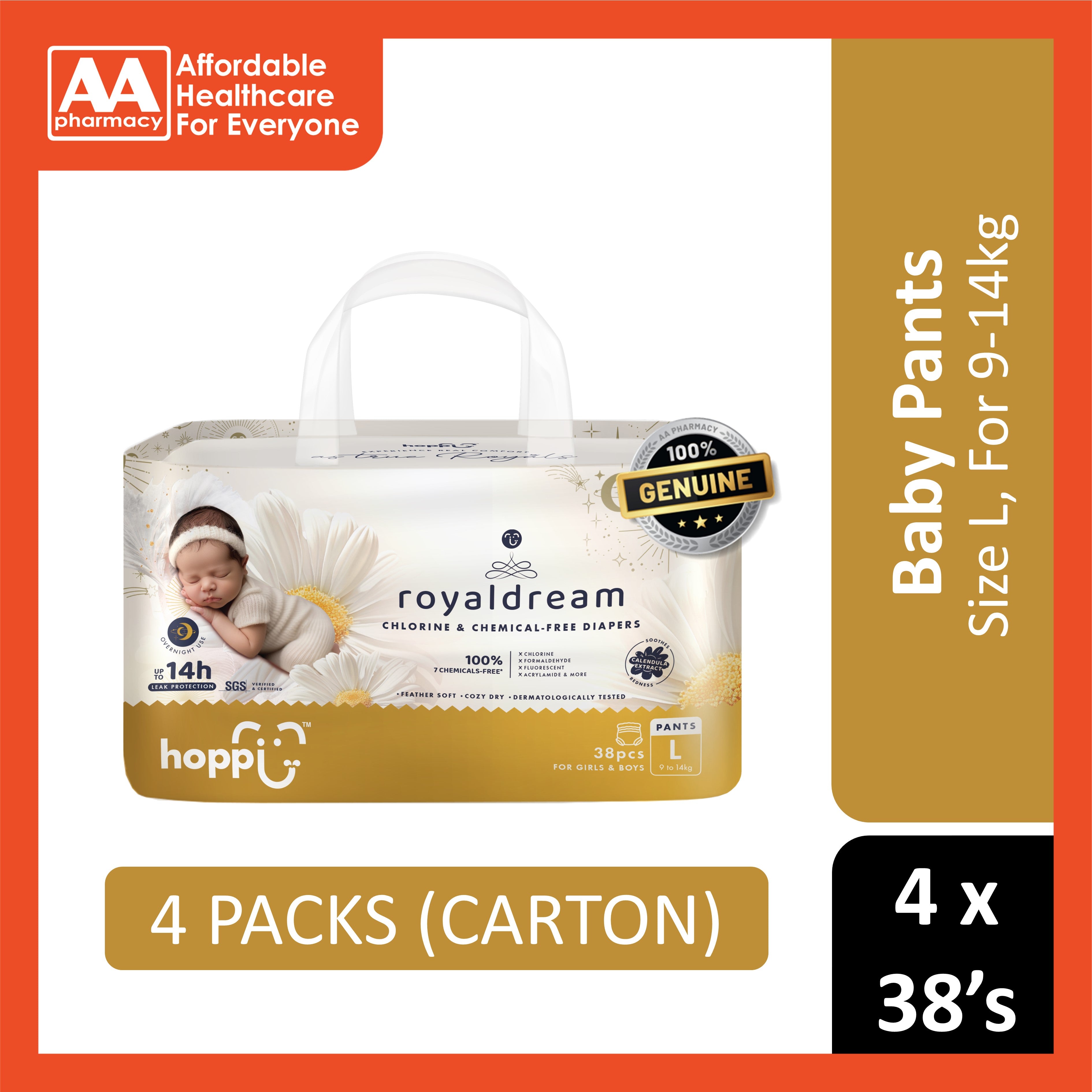 Hoppi RoyalDream Baby Pants Size L 38's (For 9-14kg) [4 Packs/Carton]