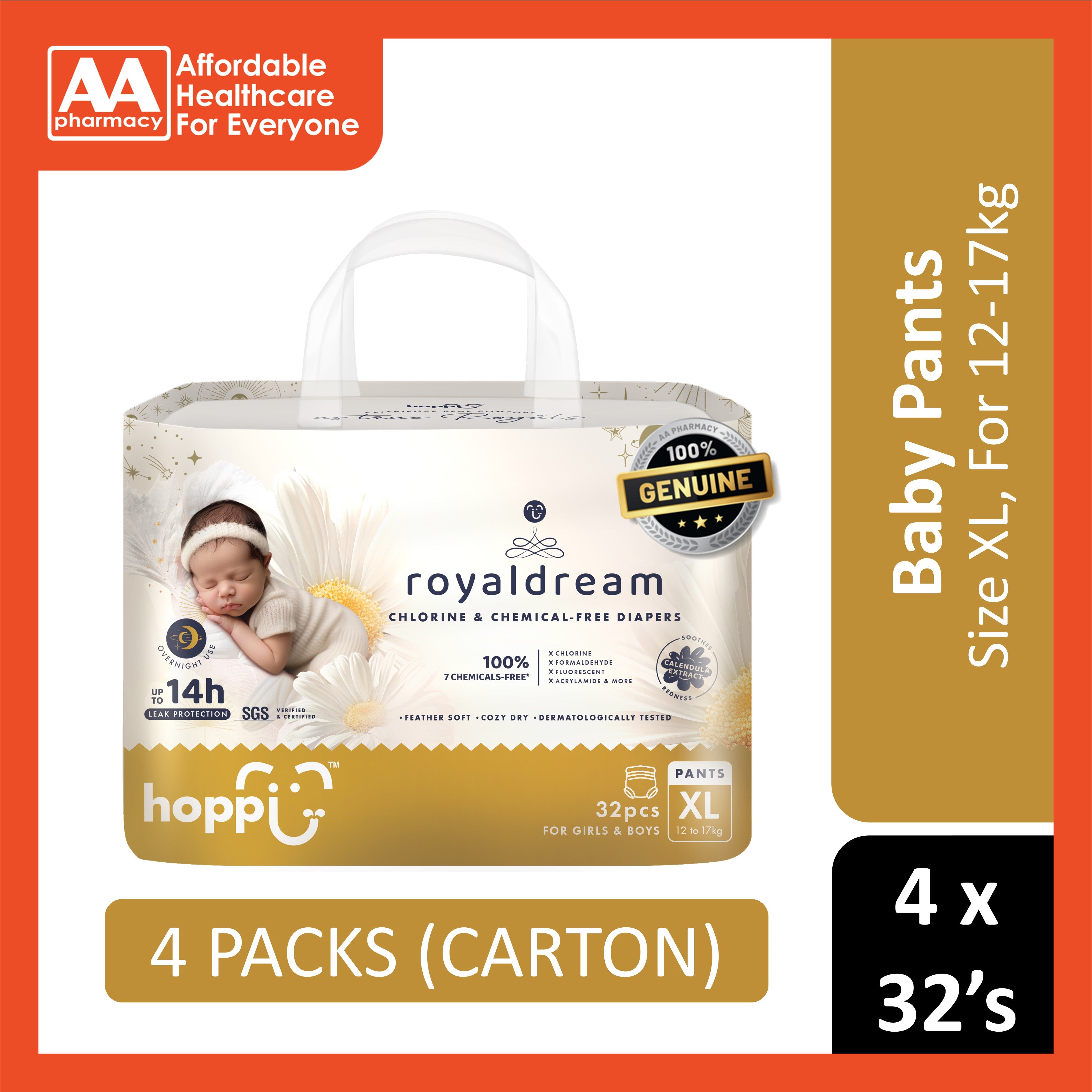 Hoppi RoyalDream Baby Pants Size XL 32's (For 12-17kg) [4 Packs/Carton]