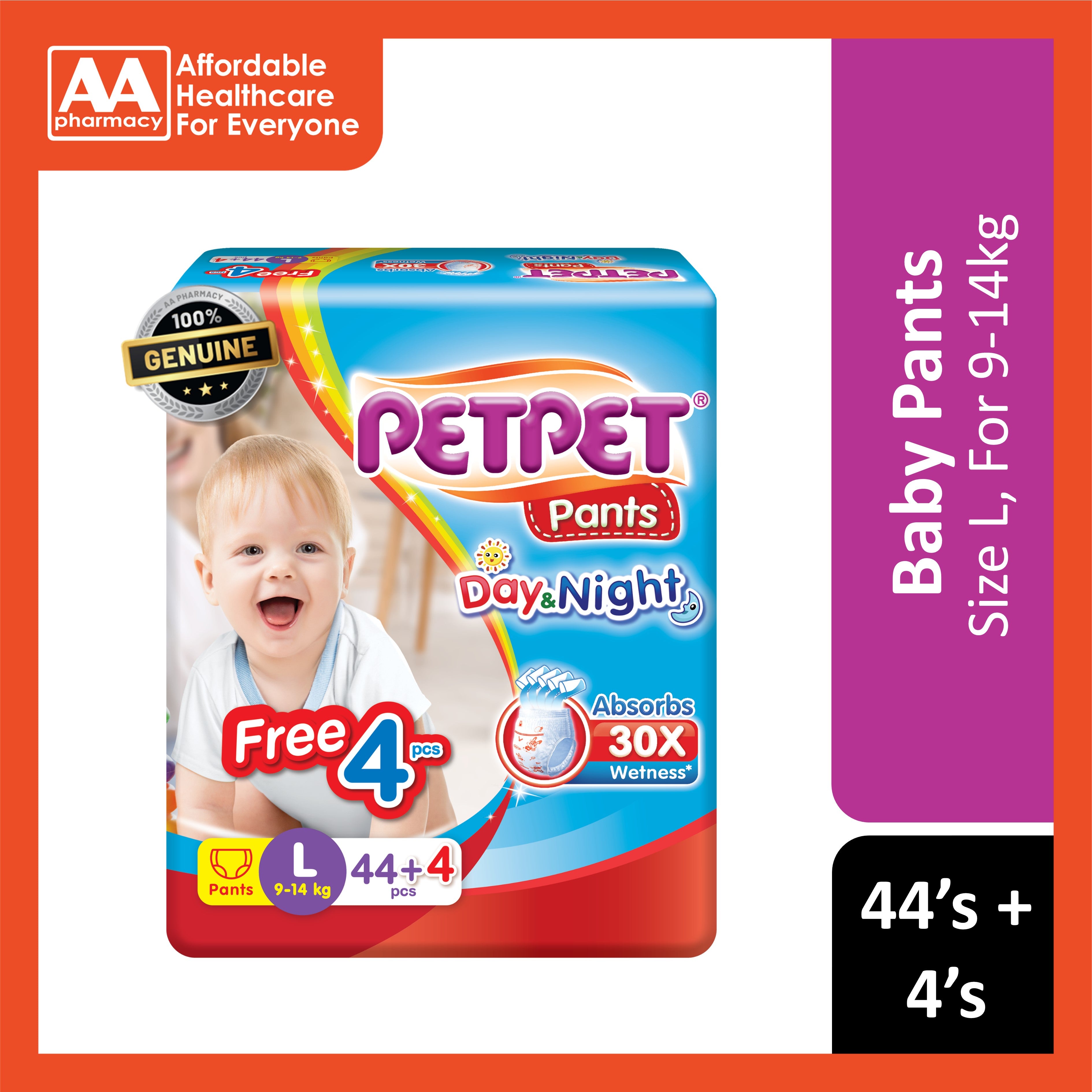 PetPet Day and Night Baby Pants Size L 44's+4's (For 9-14kg)