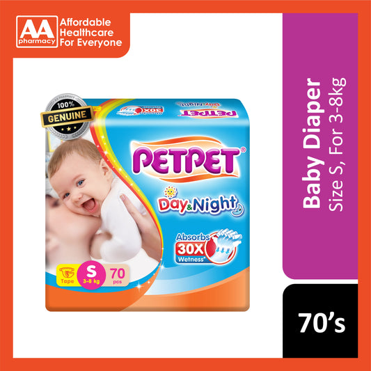 PetPet Day and Night Baby Tape Diapers Size S 70's (For 3-8kg)