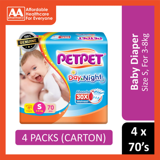 PetPet Day and Night Baby Tape Diapers Size S 70's (For 3-8kg) [4 Packs/Carton]