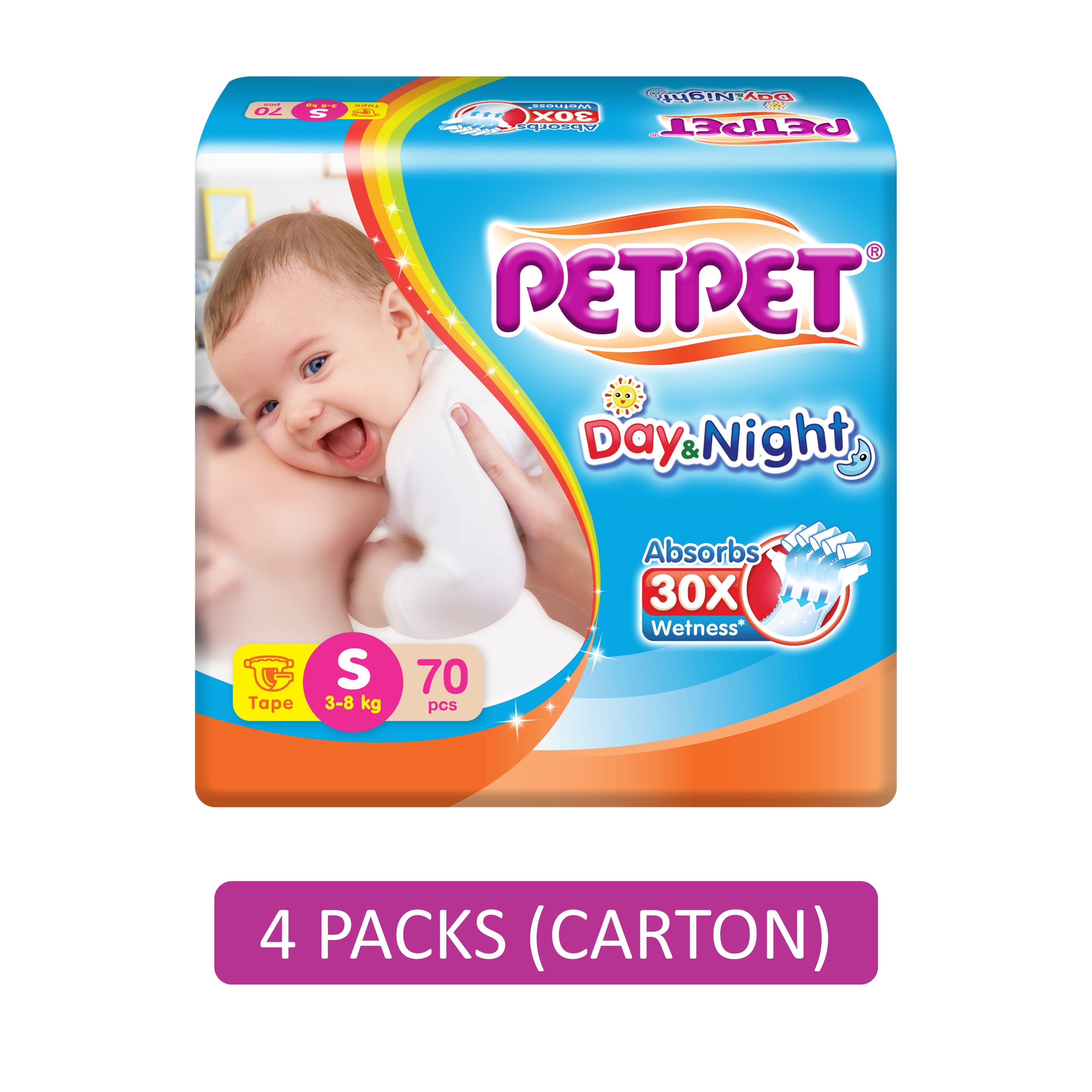 PetPet Day and Night Baby Tape Diapers Size S 70's (For 3-8kg) [4 Packs/Carton]